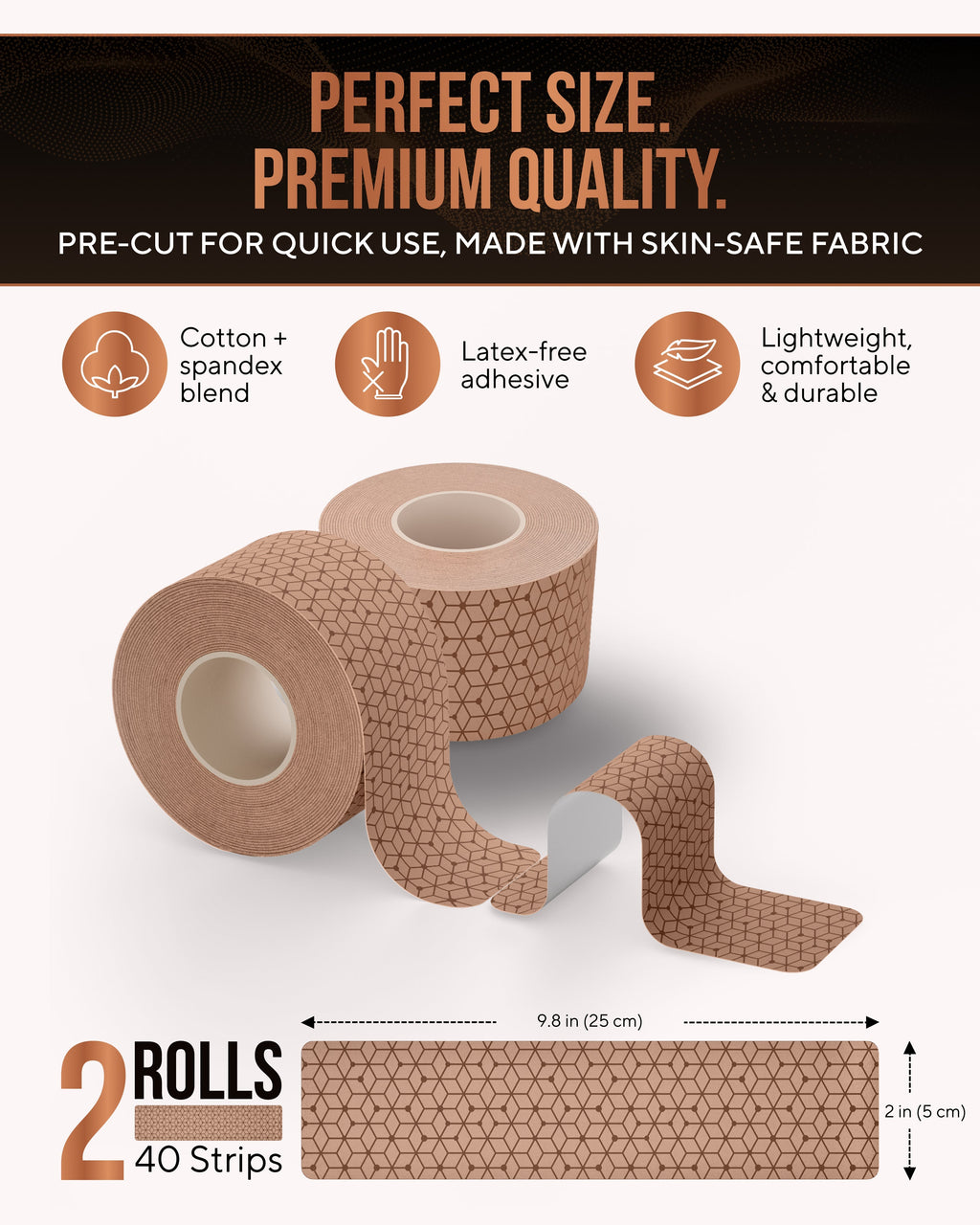 Copper Infused Kinesiology Tape (Tan) – 2 Rolls (40 Precut Strips) - Nara's Shop