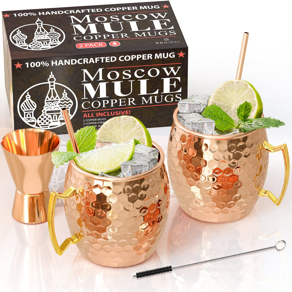 Moscow Mule Copper Mugs - Set of 2 - 100% HANDCRAFTED - Food Safe Pure Solid Copper Mugs - 16 oz Gift Set with BONUS - Highest Quality Cocktail Copper - Nara's Shop