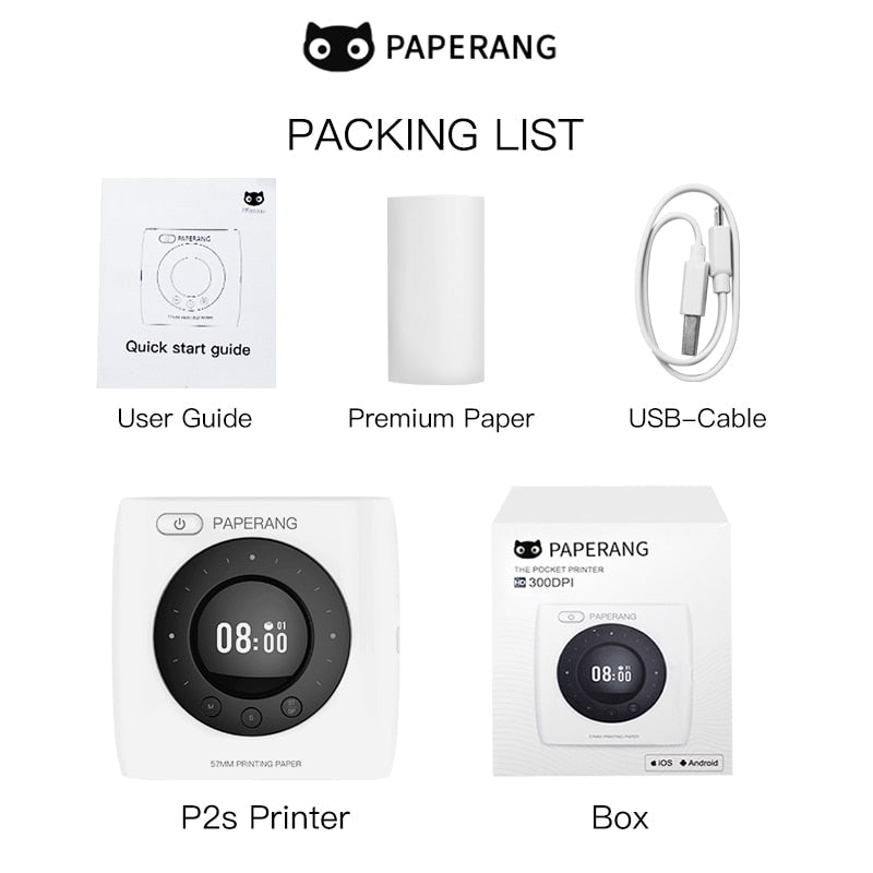 PAPERANG P2S 300dpi BT Pocket Printer Wireless Thermal Printer Portable Photo Label Clock Function Sticker Thermal Paper Roll - Nara's Shop