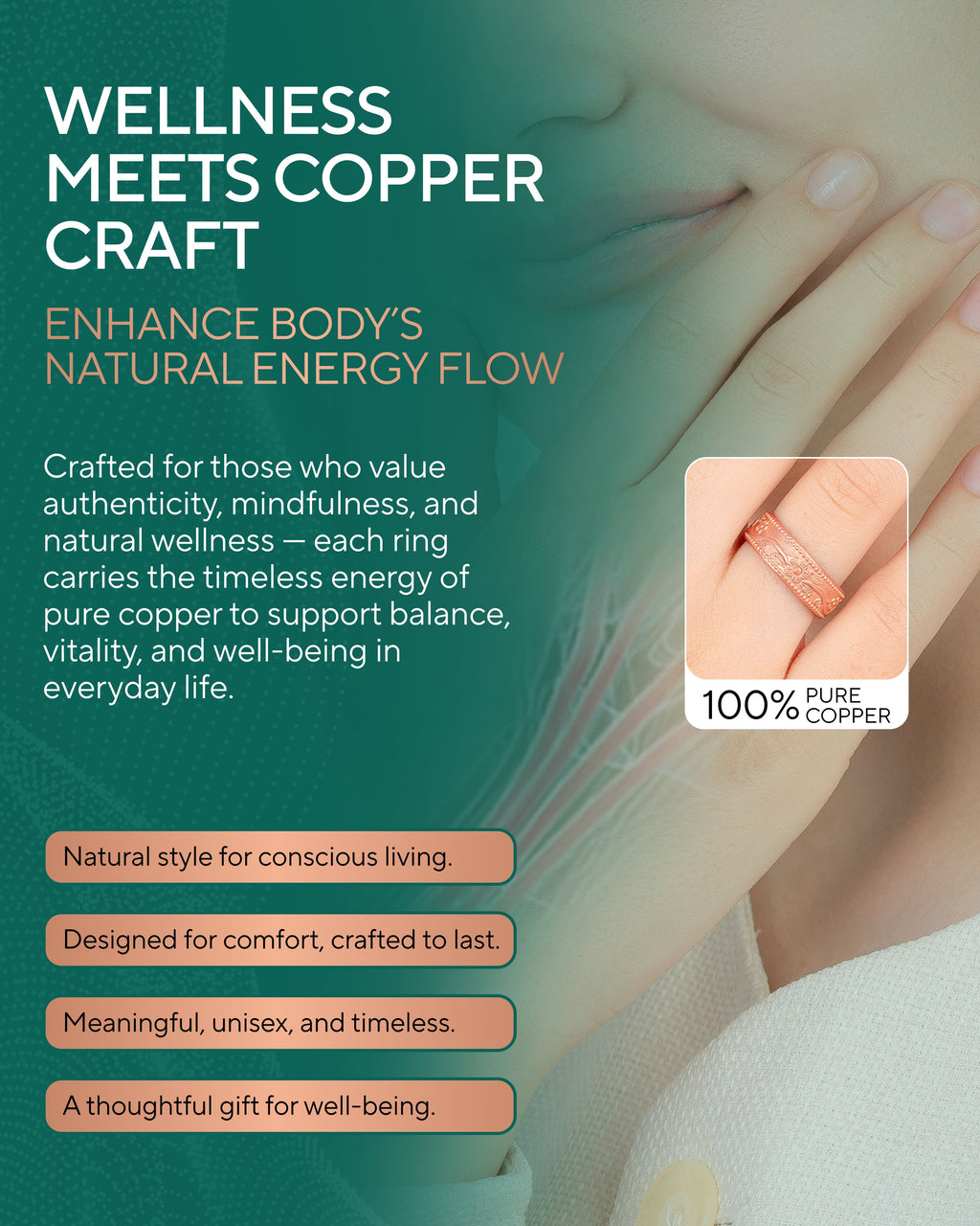 Pure Copper Rings Set – Floral (6mm) - Nara's Shop